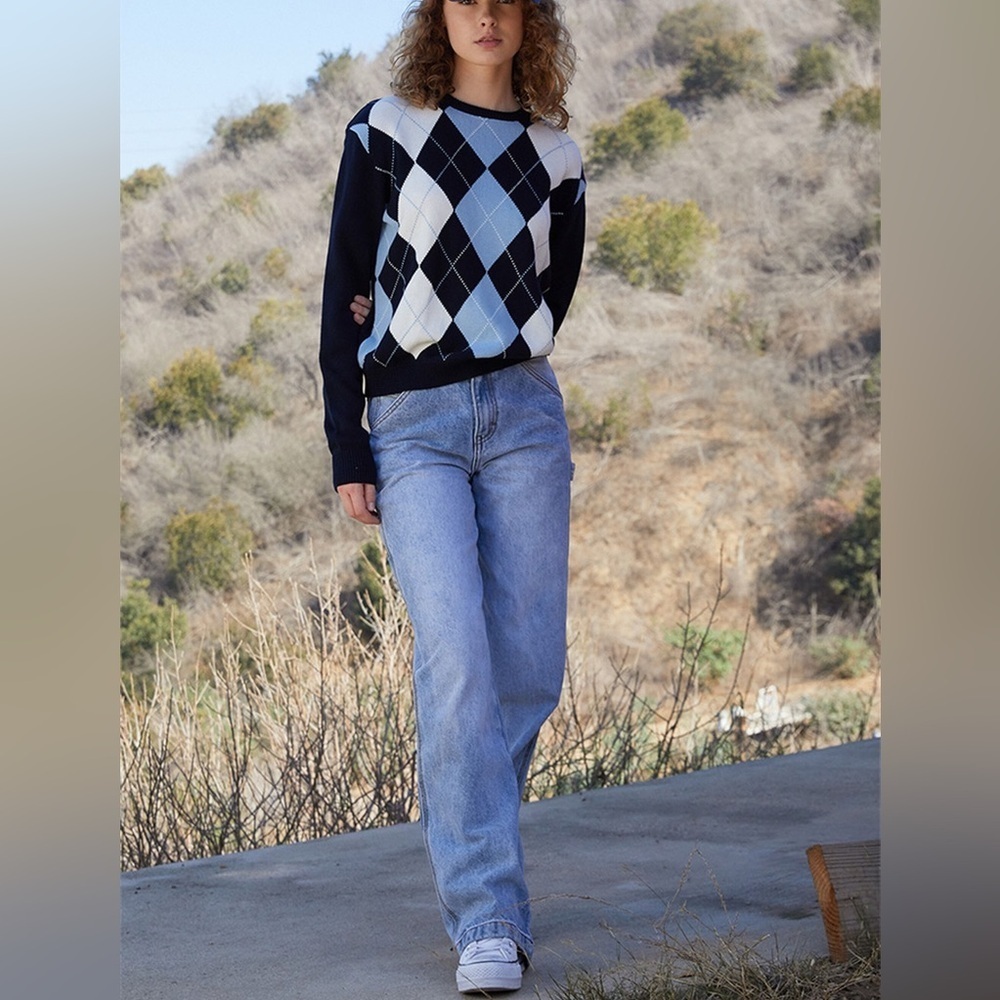 John Galt brandy melville preppy blue argyle sweater one size xs s med